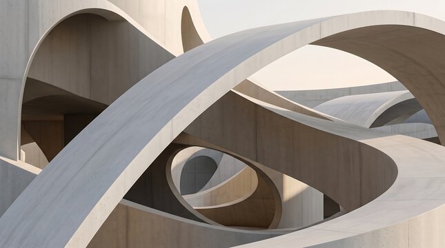 Abstract architectural detail of curved concrete structures and modern geometric arches.