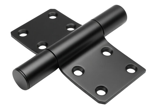 Heavy duty black metal door hinge isolated on transparent background for architectural hardware and furniture assembly