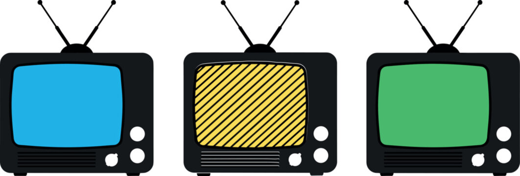 Vintage Retro Television Set Vector Illustration with Antenna and Colorful Display Screen Icons