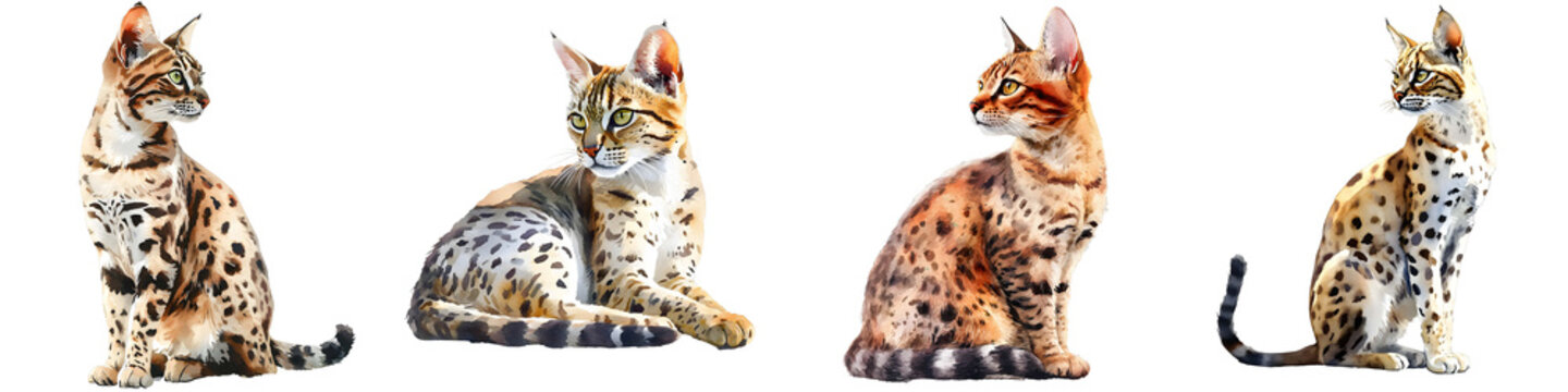 Watercolor painting showing a row of four serval cats sitting and looking to the left