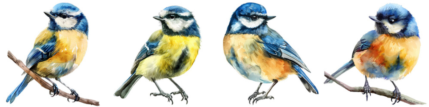 Watercolor painting showing four blue tits sitting on branches against a black background