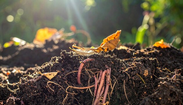Fresh earthworms in rich garden soil with autumn leaves.