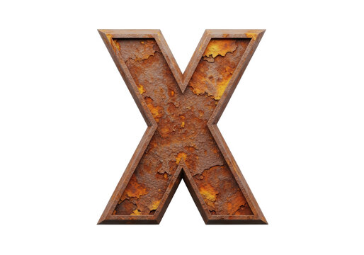 Large capital letter X with heavy rust texture isolated on transparent background for industrial typography design