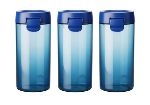 Three blue plastic food storage containers with lids isolated on transparent background for kitchen organization