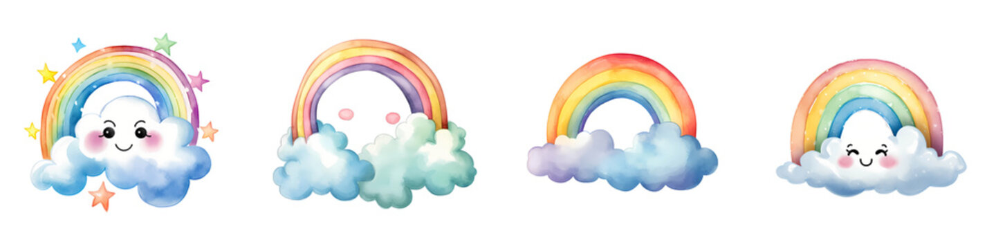 Playful watercolor rainbows with cute clouds and stars on a black background for design elements