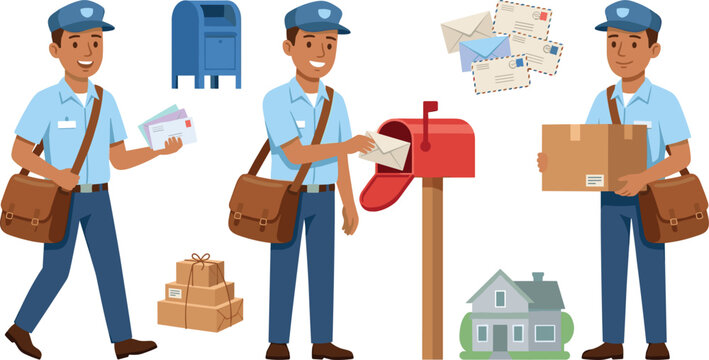 Mailman and Postal Service Vector Character Set with Mailbox, Envelopes, Parcel Boxes, and House Elements for Logistics Graphic Designs