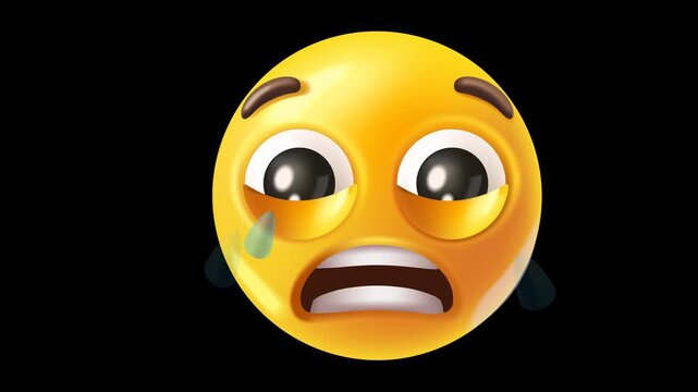 Animated yellow crying face with tears and distressed expression, showing sadness, grief and emotional reaction, isolated with alpha channel