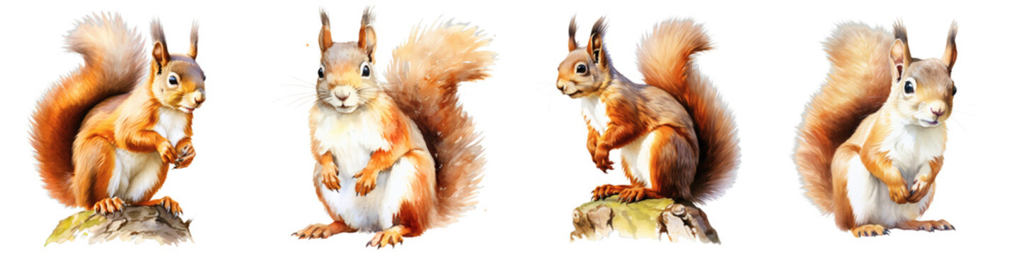 Watercolor illustration of four fluffy red squirrels with bushy tails isolated on black background