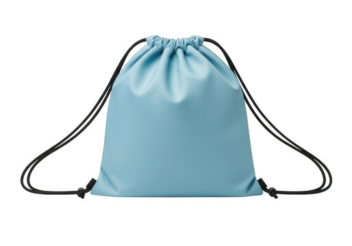 Light blue drawstring bag with black cord isolated on transparent background for professional retail display purposes