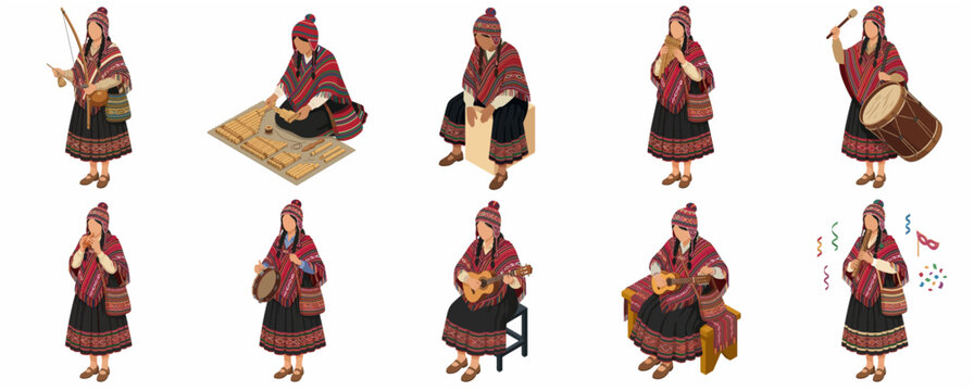 Isometric set of Andean musicians in traditional colorful clothing playing folk instruments