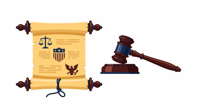 Ancient parchment paper scroll with legal symbols and judge gavel vector illustration isolated on white background for justice and law concept