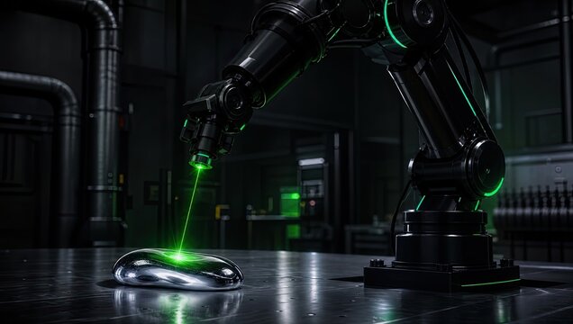 Black industrial robotic arm precisely uses a green laser to inspect a metallic, bean-shaped object on a reflective dark table in a factory setting.