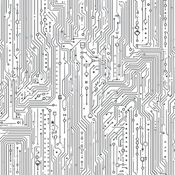 Seamless abstract circuit board pattern, black and white electronic schematic texture, PCB design background, tech digital lines