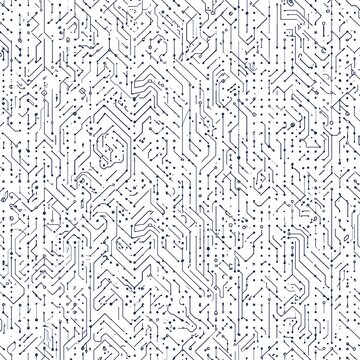 Seamless repeating pattern of modern electronic circuit board traces and components in blue