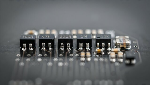 Close-Up of Electronic Components on Circuit Board with Resistors