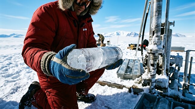 Scientist holding ice core sample at arctic drilling site