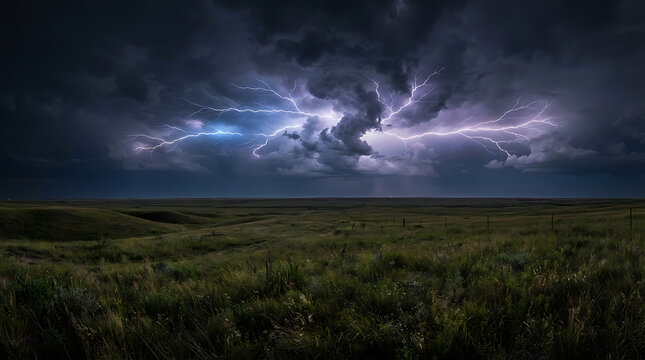 Intense lightning forks across dark storm clouds over vast green grassland in nature.