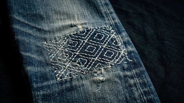 Closeup of beautifully patched denim jeans showcasing intricate embroidery and unique textile design elements