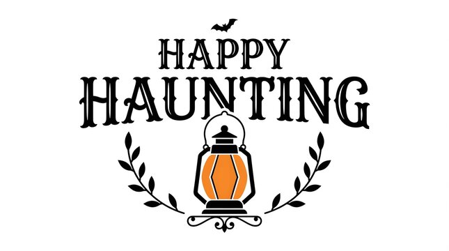 A vintage style halloween graphic design featuring the text happy haunting with a glowing orange lantern and decorative black leaves on white background