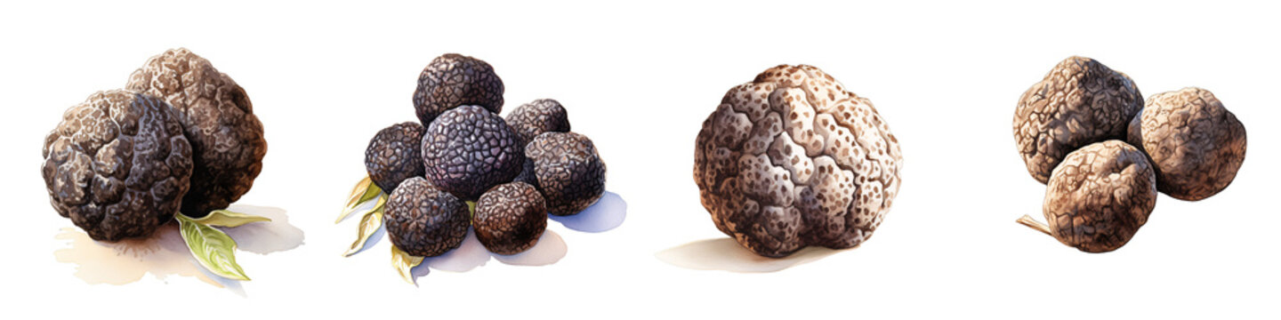 Watercolor illustration of truffle mushroom varieties against black background