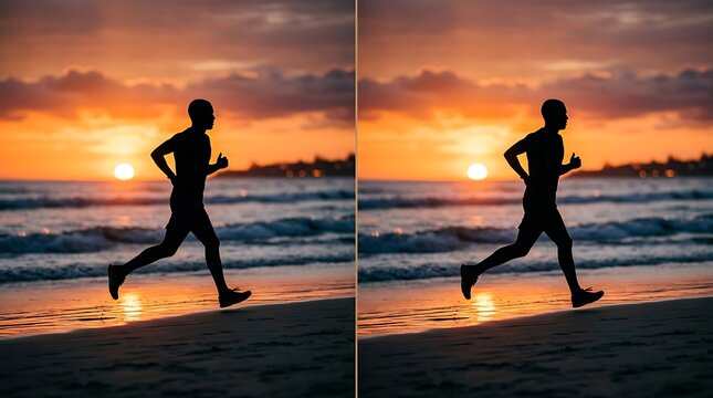 Silhouette of a man jogging on a beach at sunset