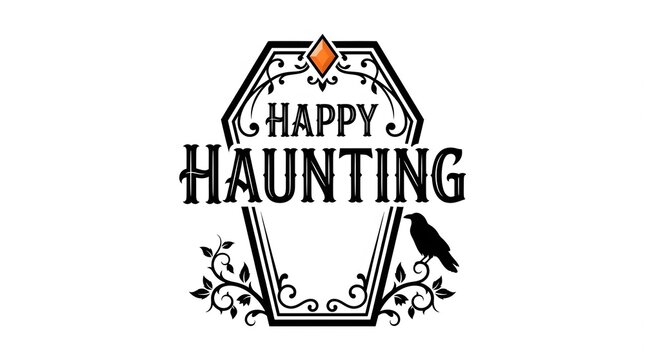 A vintage style halloween graphic featuring a decorative coffin outline with the text happy haunting and a silhouette of a black crow perched