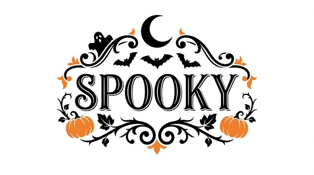 Decorative vintage style halloween typography design featuring the word spooky surrounded by ornate flourishes pumpkins bats and a crescent moon on white background