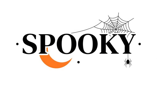 A black and white halloween typography design featuring the word spooky with a spider web an orange crescent moon and a small spider