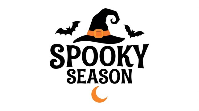 A festive halloween design featuring the text spooky season decorated with a witch hat bats and a crescent moon on a plain white