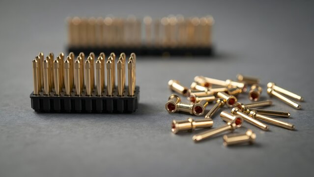 Close-Up of Brass Bullets in Black Tray with Spilled Cartridges