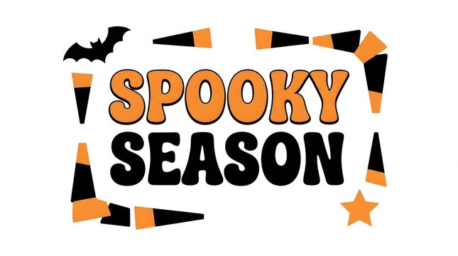 Spooky season typography design with decorative halloween elements like bats and stars on a white background perfect for festive holiday themed graphic projects