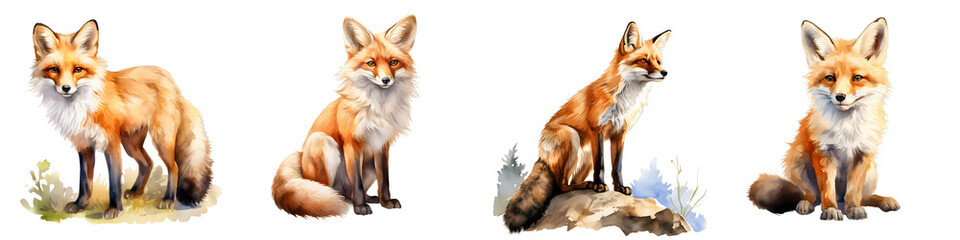 Naklejka premium Watercolor illustration of four red foxes with orange fur on a black background in different poses