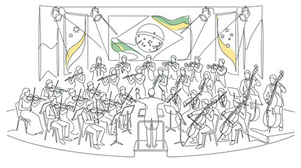 Fototapeta premium Continuous Line Drawing of Full Symphony Orchestra Performance on Stage