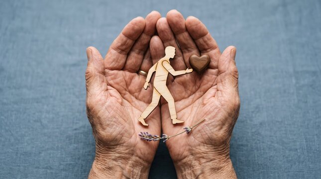 Wooden human figure and heart in cupped hands, elderly palms holding person silhouette, concept of care and mental health