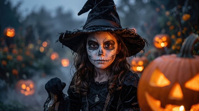 Spooky Halloween witch girl with skull face paint, young child in wizard hat and costume, glowing jack-o-lantern pumpkins in misty garden