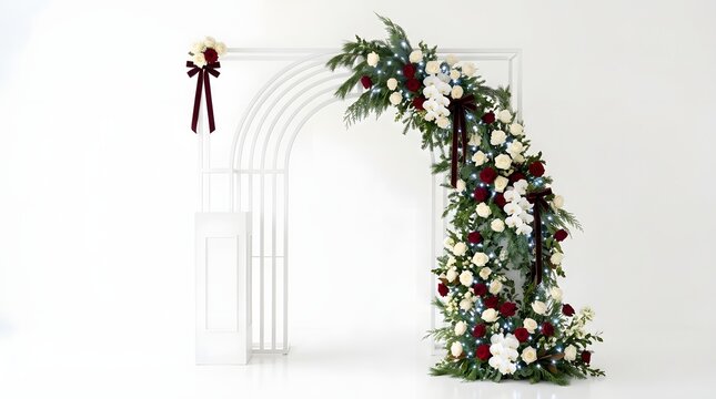 Elegant wedding arch decorated with lush white and red flowers against a clean white studio background