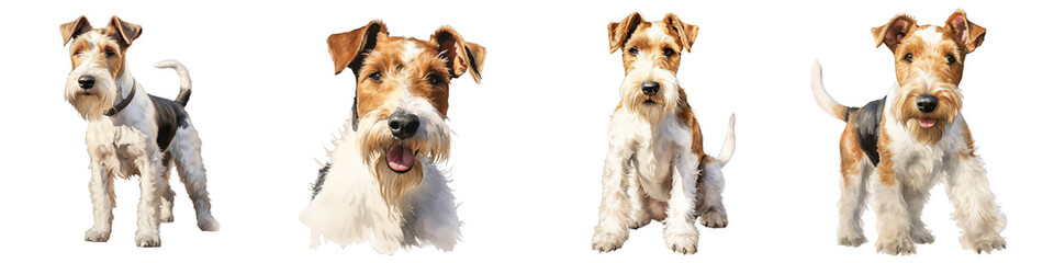 Naklejka premium Four different poses of wire fox terrier dogs on a black background