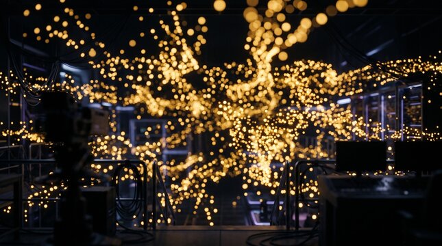 Abstract background featuring a dense cluster of glowing golden fairy lights against a dark night backdrop