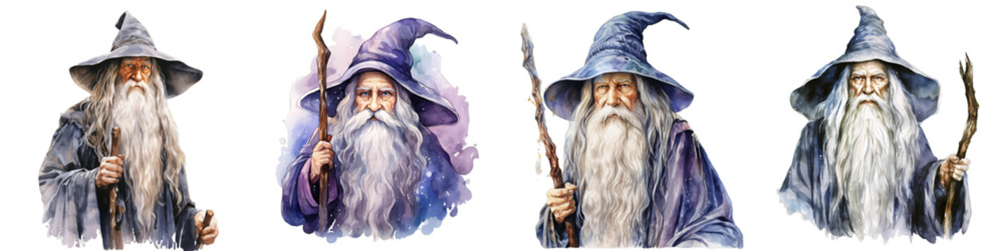 Collection of wizards with staffs and pointed hats with long white beards in watercolor style