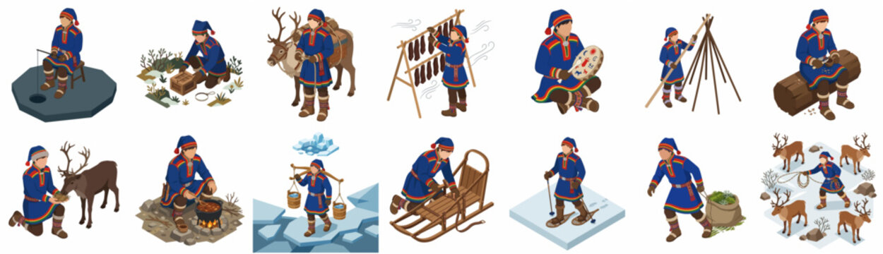Isometric Vector Illustration Set of Traditional Sami People Activities and Arctic Life in Lapland