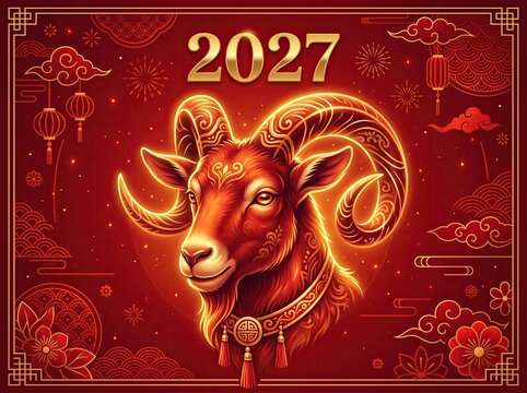 2027 Chinese New Year zodiac poster featuring an elegant golden ram with traditional clouds, lanterns and ornamental border