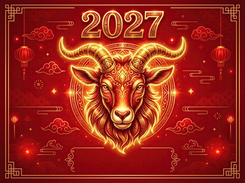 2027 Chinese zodiac greeting artwork with an ornate golden ram, red and gold patterns, clouds and traditional lanterns