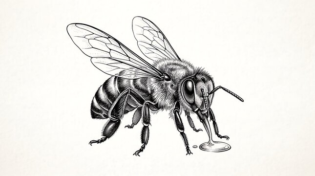 Vintage honey bee illustration, detailed black and white insect sketch, hand drawn honeybee on textured paper background