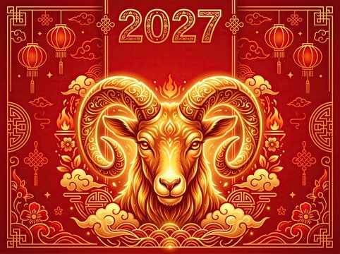 2027 Year of the Goat Chinese New Year illustration with a radiant golden ram, lanterns, clouds, flames and ornate festive decoration