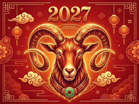 2027 Year of the Goat festive illustration with a front-facing golden ram, Chinese symbols and a red decorative frame