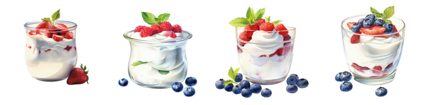Various watercolor fruit parfaits are arranged on a dark background in a row