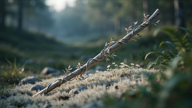 Elegant Wand with Twisting Vines in Serene Forest Setting