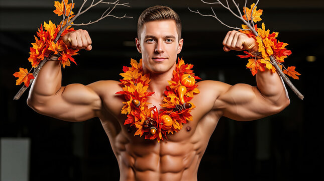 Shirtless muscular Caucasian man flexing with autumn leaf garland and tree branches. Concept of Thanksgiving harvest celebration, autumn fitness, seasonal strength, and nature.