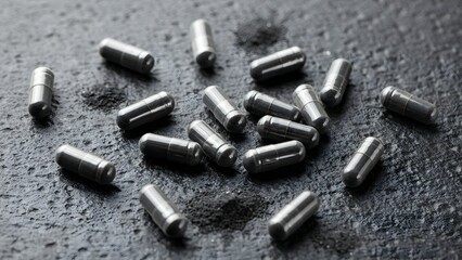 Fototapeta premium Metallic Capsules and Black Powder on a Dark Surface Background
