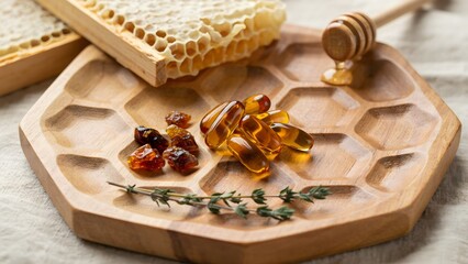 Fototapeta premium Honeycomb with Honey, Herbal Extracts and Wooden Spoon on Plate
